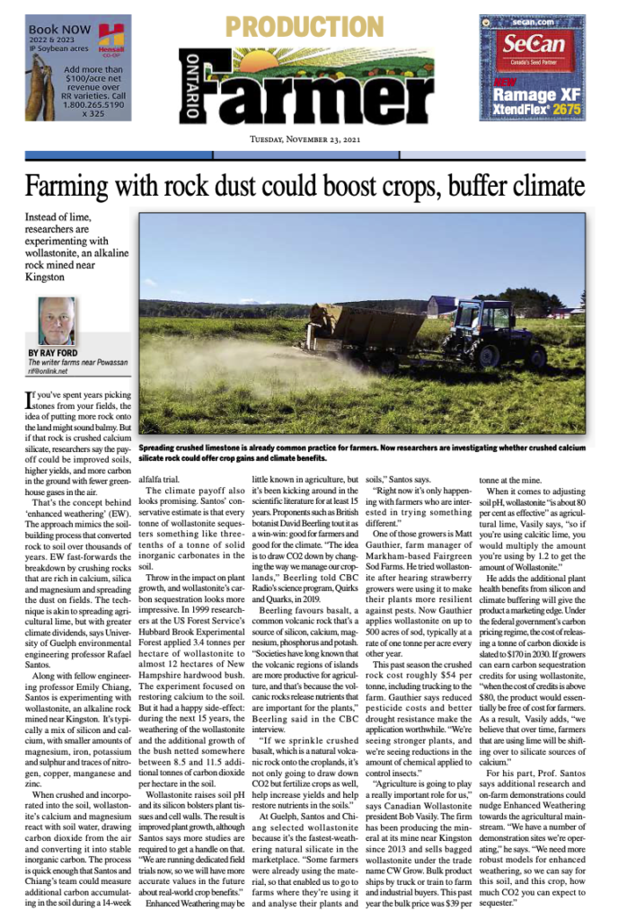 Newspaper cutting with the heading "Farmer with rock dust could boost crops, buffer climate"